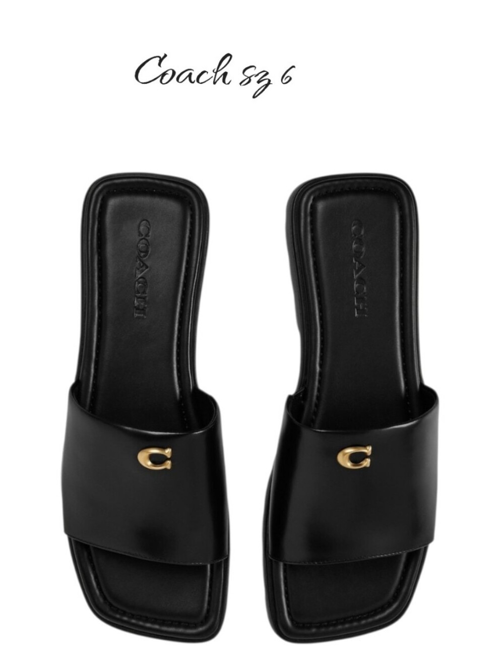 COACH Florence Black Leather Lug Sole Slide Sandals C Logo Flat 6